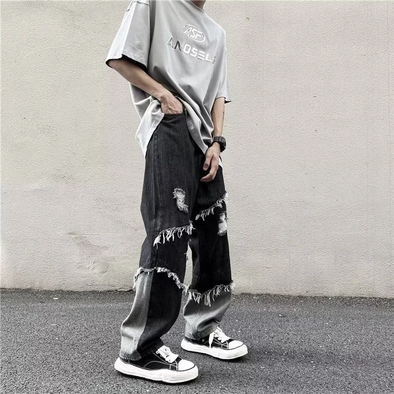 Ripped Black Baggy Jeans Men Fashion Retro Casual Straight Jeans Men Streetwear Hip Hop Loose Hole Denim Pants Mens Trousers