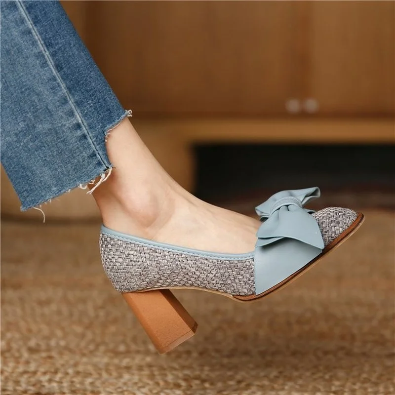 

New Women's Single Shoes In Summer Shallow Mouth Fangtou Grace Stripe Bow Woven Elements Roman Retro High-heeled Shoes 2021 Hot