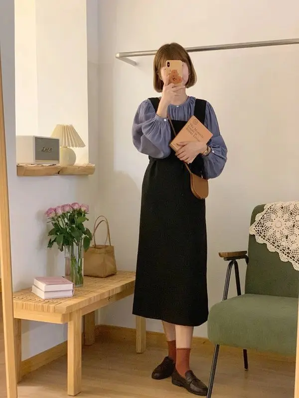 Костюм из двух предметов: Корейская Милая рубашка + маленькая юбка на бретелях