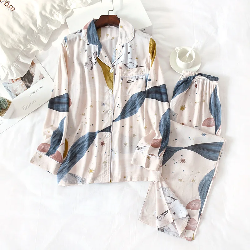 Women's Pajamas Long Sleeves Spring Autumn Two Pieces Set Viscose Cotton Sleepwear Loungewear Set For Female
