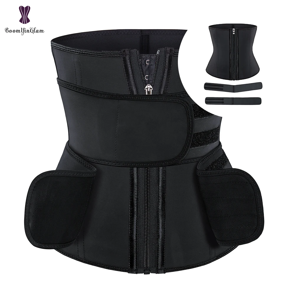 Steel Bone Waist Trainer Latex Body Shaper with 2 Removable Strap Zipper and Hook Modeling Tummy Control Belt