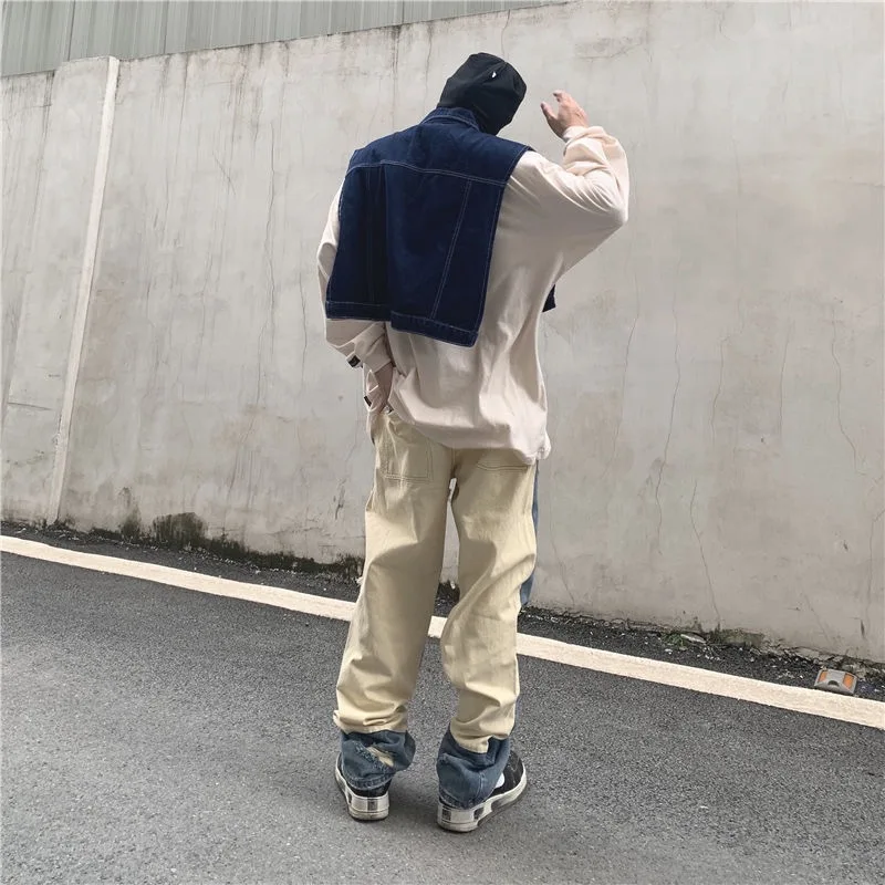 DEEPTOWN Patchwork Ripped Men Jeans Straight Hole Denim Pants Y2K Streetwear Trousers Male Fashion Loose Casual Japanese Spring