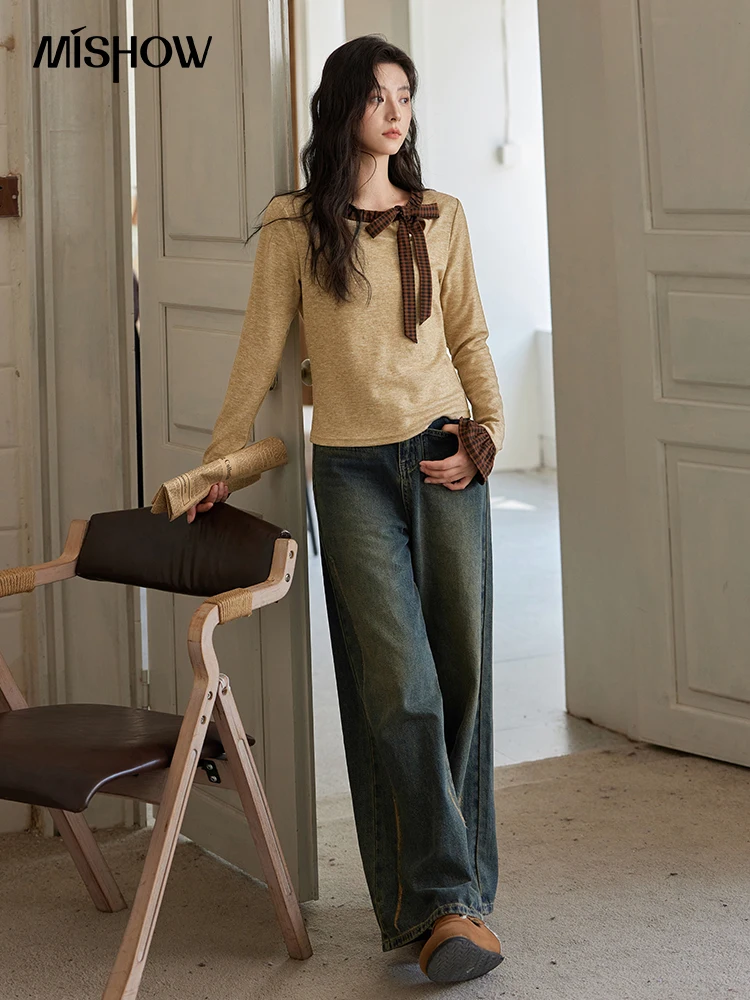 MISHOW вязаный свитер с бантом женский повседневный клетчатый низ топ 2024 осень-зима