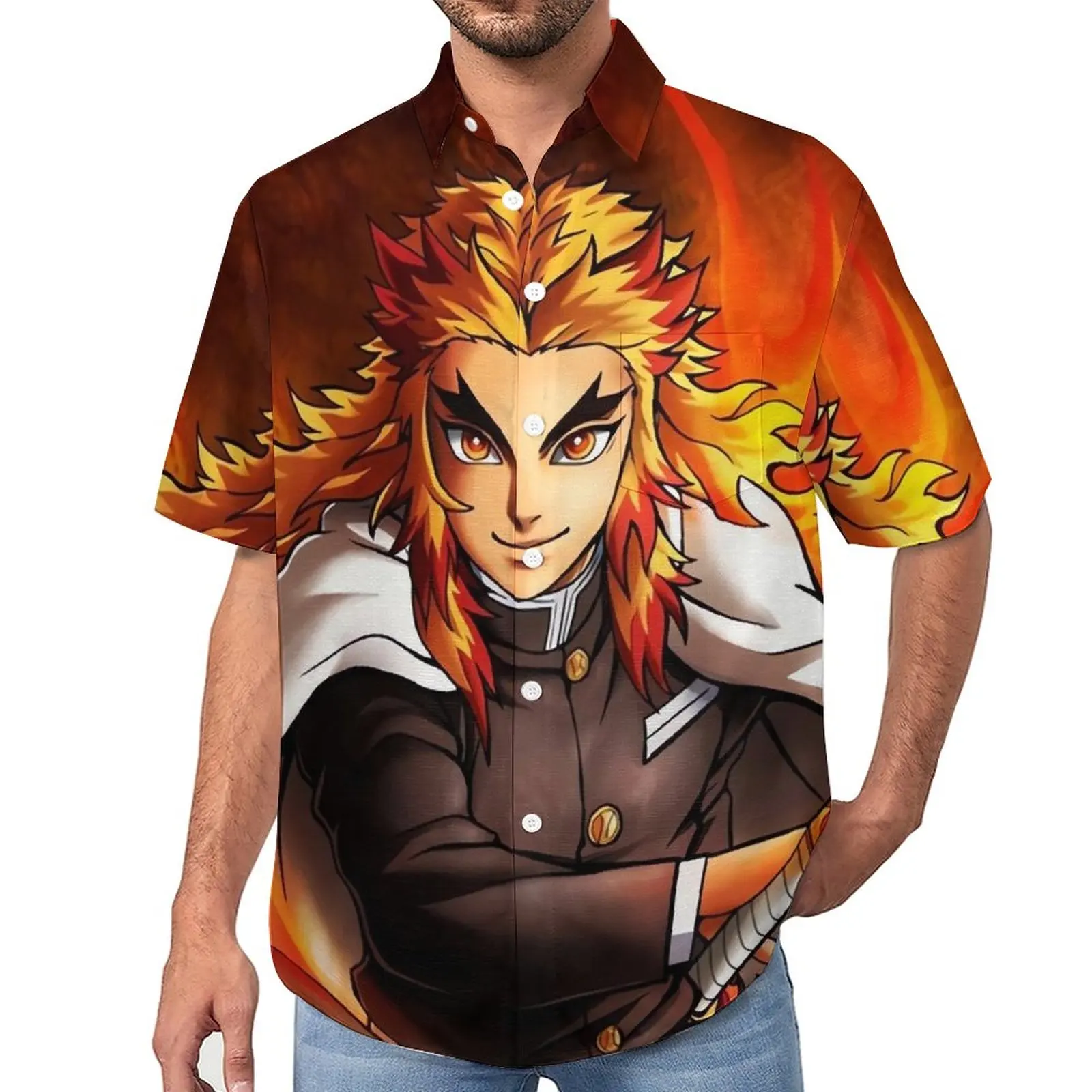 

Блузка мужская оверсайз с коротким рукавом, Повседневная рубашка, гавайская пляжная сорочка, с рассеканием демонов, Rengoku Kimetsu No Yaiba, подарок на день рождения