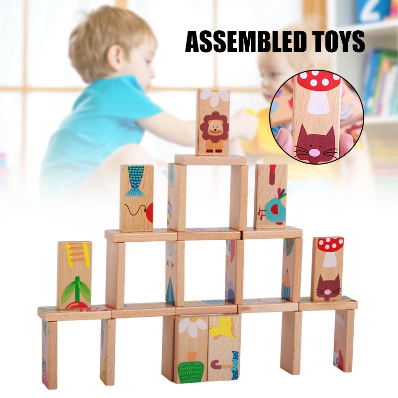 

Деревянное домино для детей, пазлы с животными и растениями, узоры, Подходящие Игрушки, домино для детей, деревянный Обучающий набор из 28 иск...