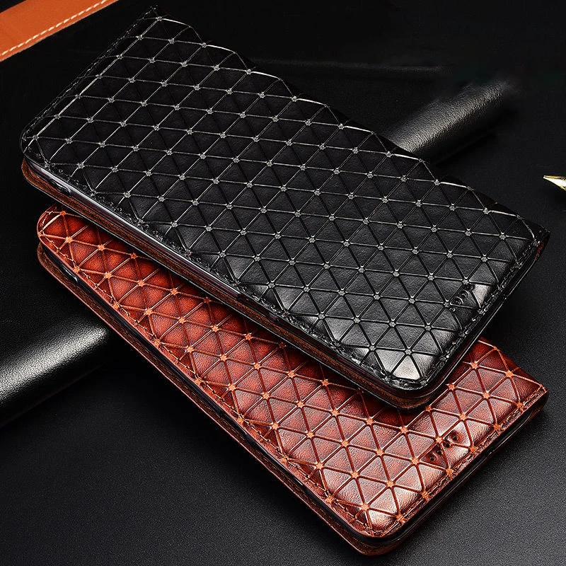 

Genuine Leather Case For Huawei Honor 8 8s 9 9i 10 10i 20 Lite 20i 20s 20e 20 Pro Rhombus Texture Cowhide Magnetic Flip Cover