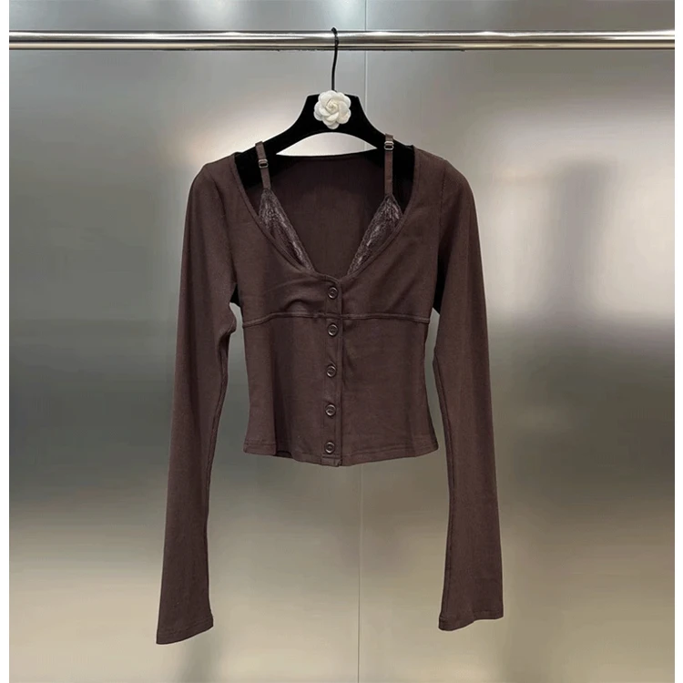 Gyaru Sle Сексуальная Лоскутная кружевная рубашка на бретельках с длинным рукавом