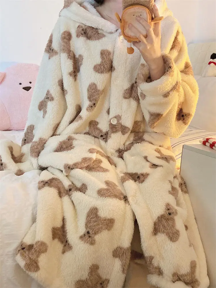 Yasuk Winter Women's Men Casual Warm Soft Sleepwear Hooded Gown Pajamass Velvet Fleecel Robes Many Bear Couple Unisex