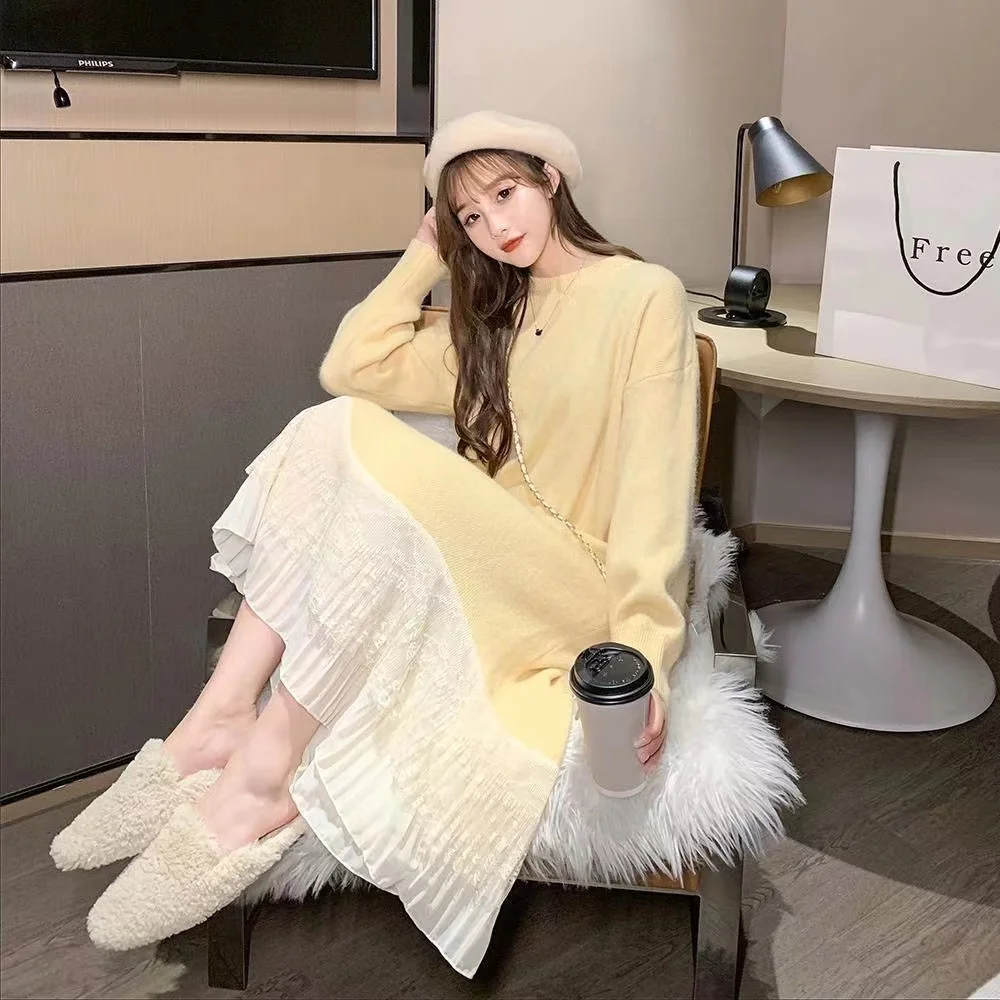

Dress For Women Fairy Medium Long Woolen Dress Over The Knee 2022 New Autumn And Winter Wear Fairy Winter Skirt Bottoming Dress