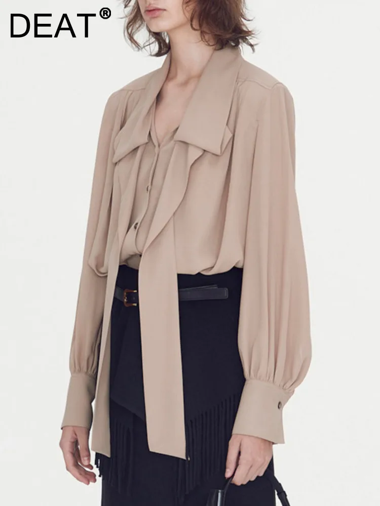

DEAT Fashion Women's Shirt New Lapel Ribbon Loose Single Breasted Long Sleeve Solid Color Blouse Female Tide Summer 2023 17A1450