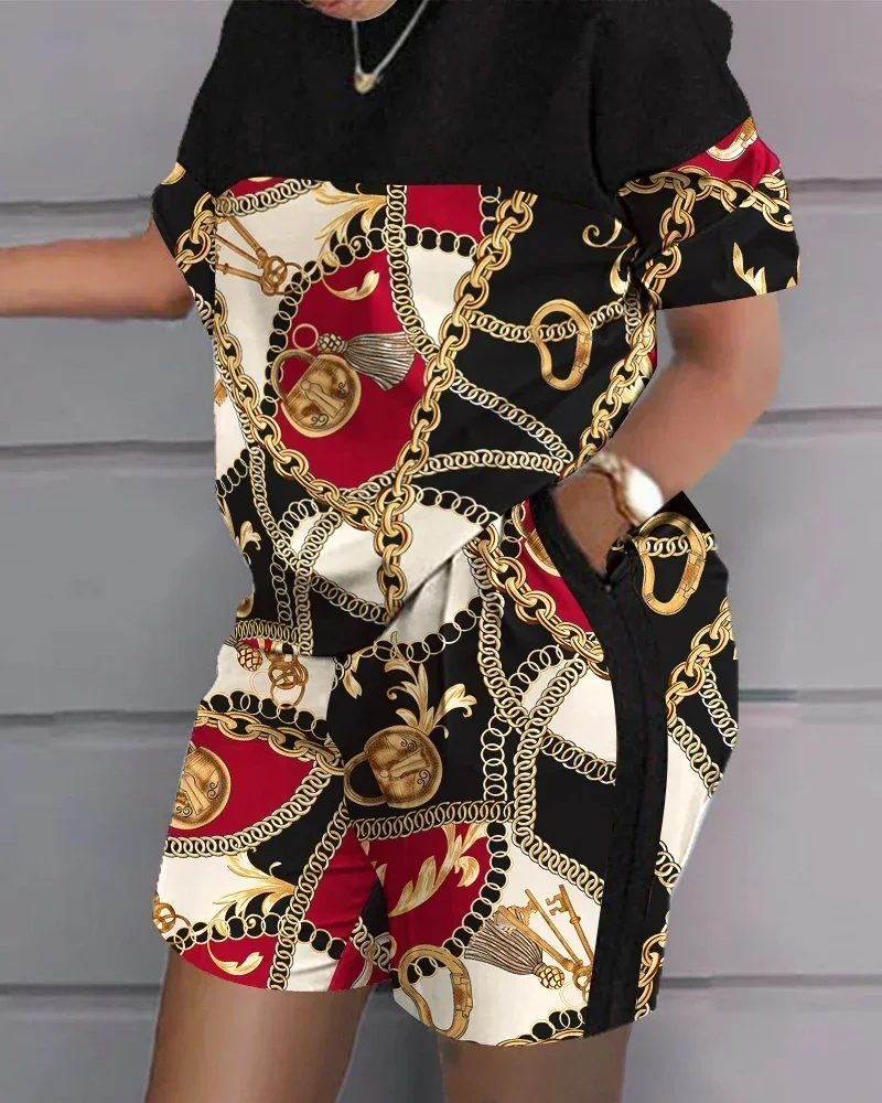 Casual Women Print Tracksuit Two Piece Set Loungewear Vintage T Shirt + Shorts Pants Sportsuit Clothes For Outfit