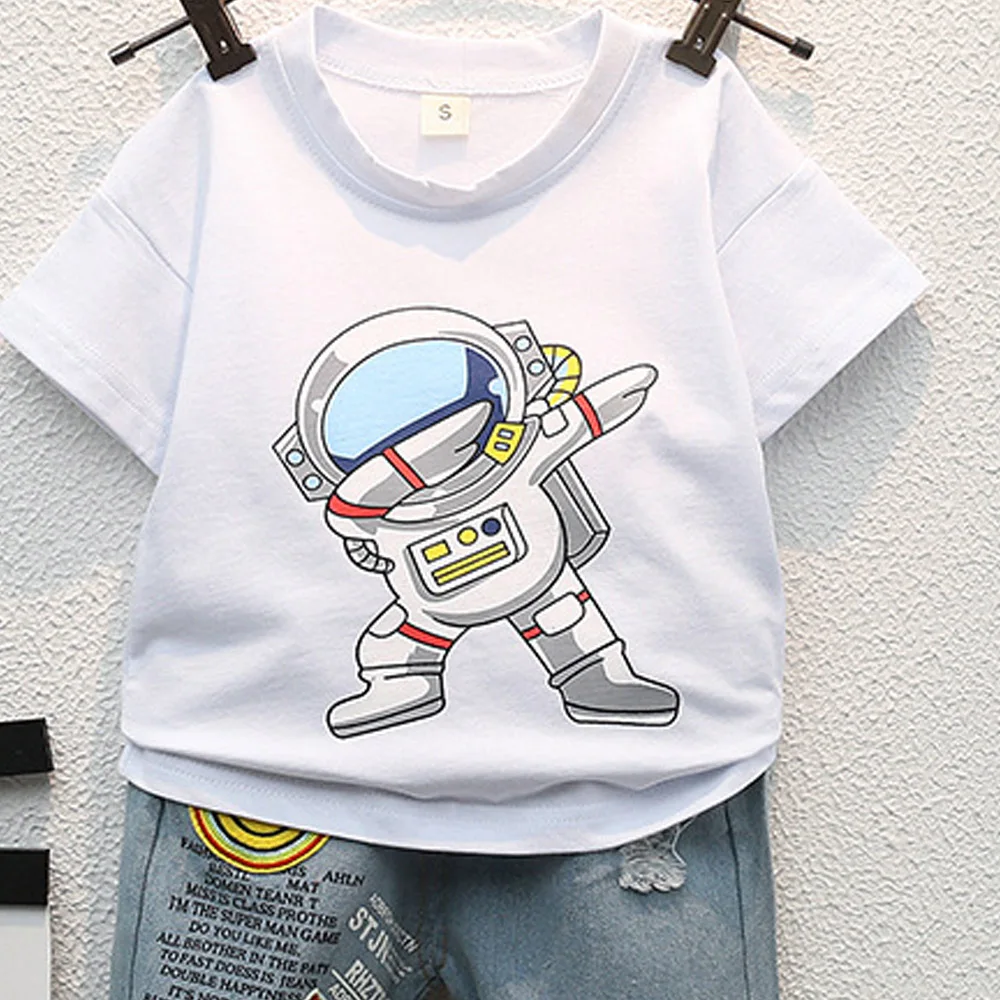 2022 Boys' Clothing Summer Clothes New 1-5 Years Old Cartoon Printed Round Neck T-shirt Casual Jeans Short Sleeved Suit 2PCS