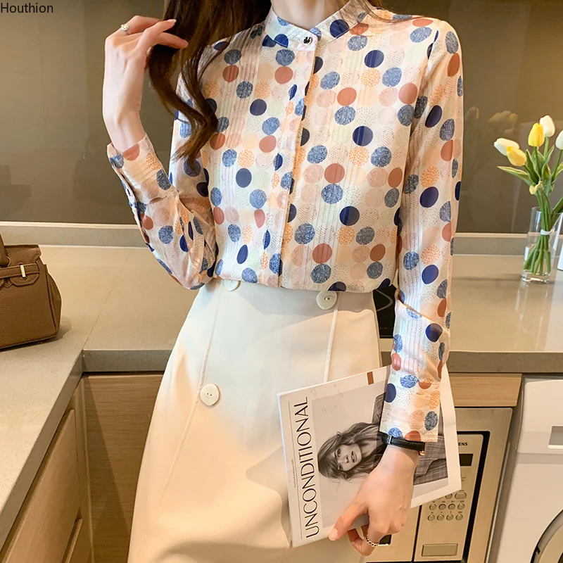 

Silk Women's Blouses Fashion Casual Shirt New Korean Style Long Sleeved Top Polka Dot Print Blouse Button Full Female Clothing
