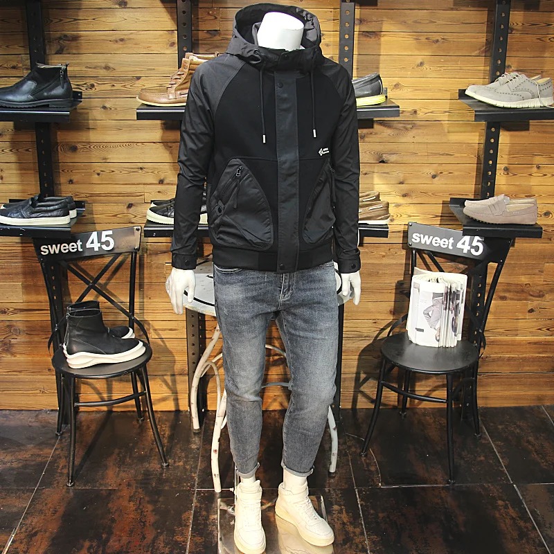 Осенняя одежда мужская вязаная лоскутная толстовка с капюшоном облегающая