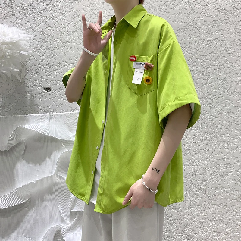

Privathinker Flower Brooch Men's Shirts Short Sleeve Fashion Unisex Kawaii Casual Blouses Summer New Brand Male Clothing