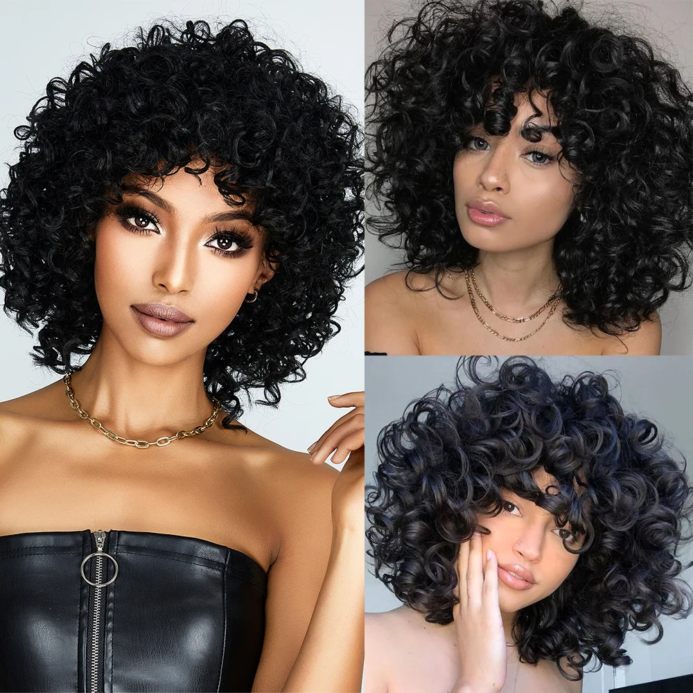 

Curly Afro Black Wig Short Kinkys Synthetic Wigs With Bangs Fluffy Curly Women's Wigs Heat Resistant Cosplay Daily Use Hair