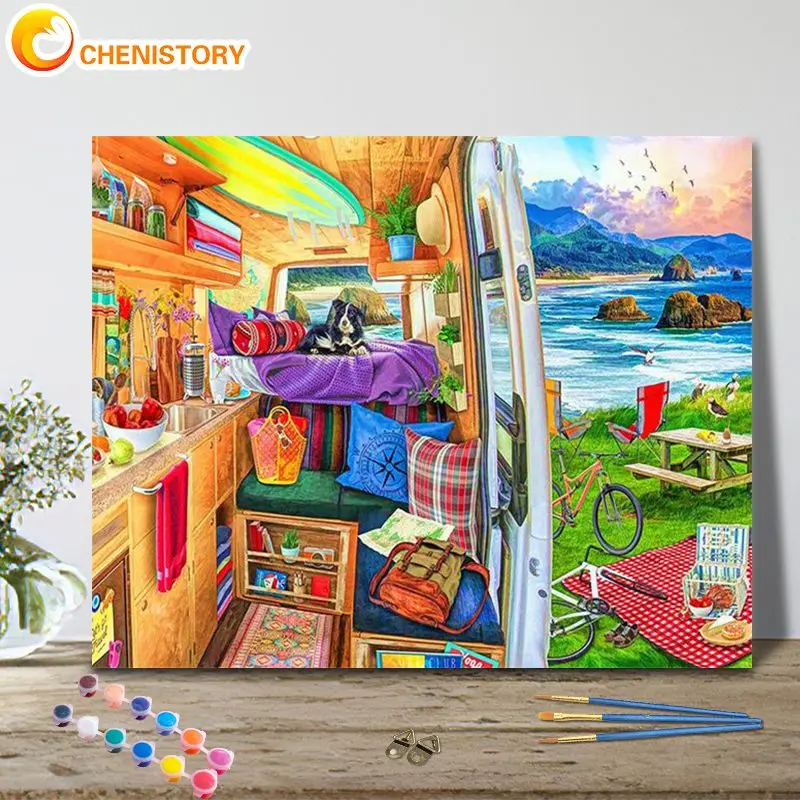 

CHENISTORY Painting By Number Vacation Rv Scenery Wall Art Diy Frame Picture By Numbers River Grassland Picture Canvas Home Dec