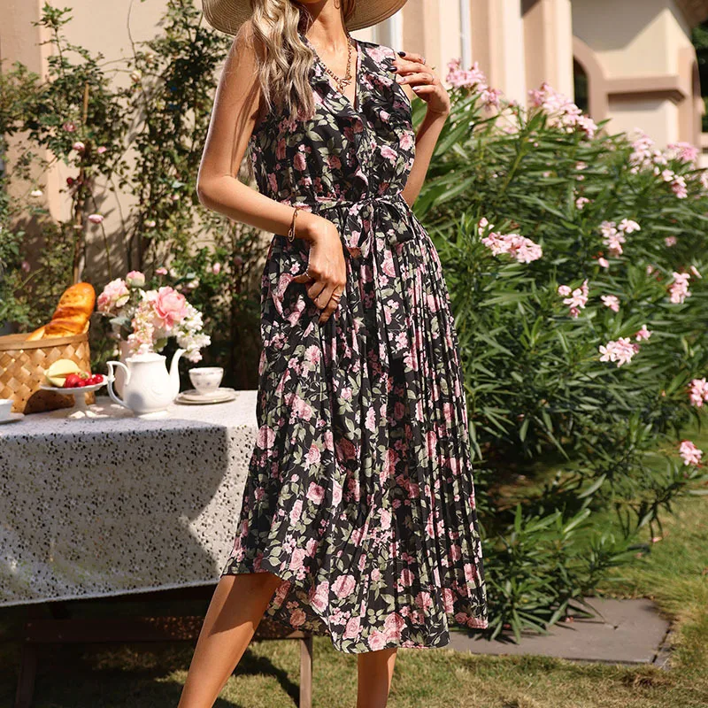 

【JENNER】Summer new fashion women's retro flower print black long skirt dress is light and breathable
