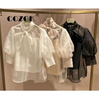 cozok japanese new fashion tops elegant sweet shirts stand collar ruffled hollow half sleeve big bowknot lace up casual blouses