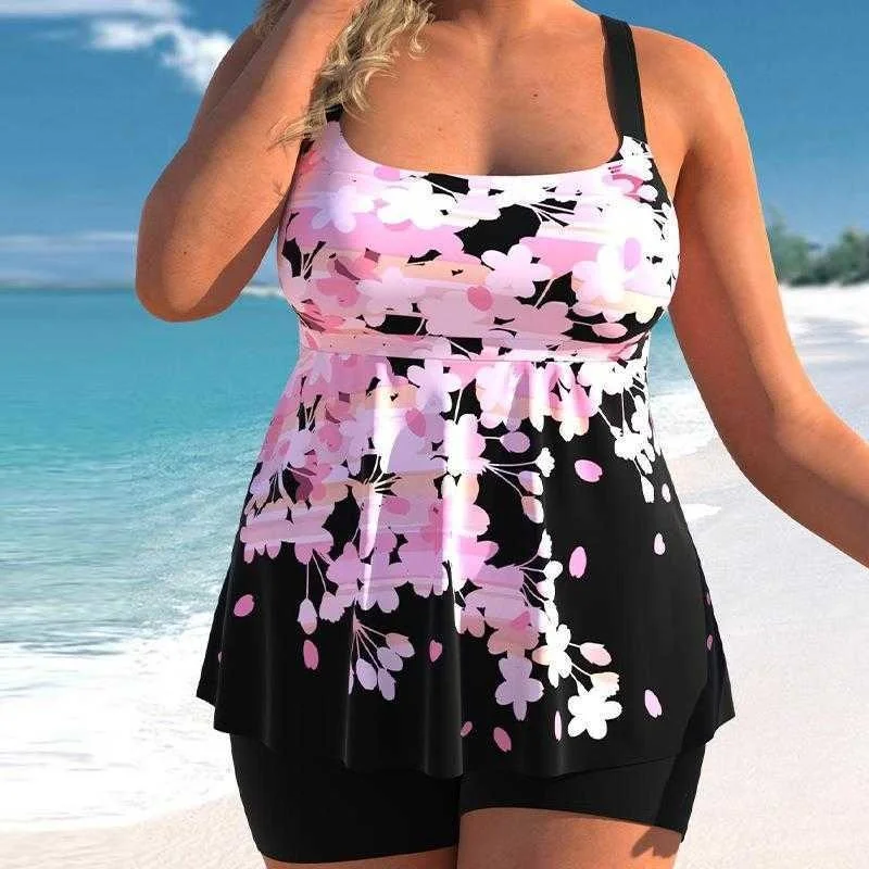 

Split Tankini Swimsuit Printed Short Skirt Push Up Sling For Women