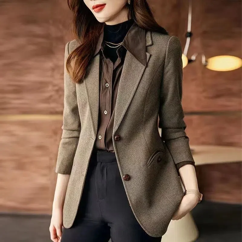 

High-End Pattern Woolen Suit Coat Female2023Autumn Winter New Overcoat Ladies Temperament Slim Blazer Jacket Women Outerwear Top