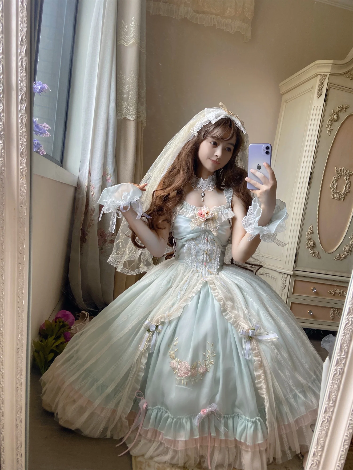 

Retro Court Lolita Jsk Elegant Girl Cosplay Flower Wedding Noble Princess Pearl Embroidery Flower Lace Tunic Bow Mesh Dress