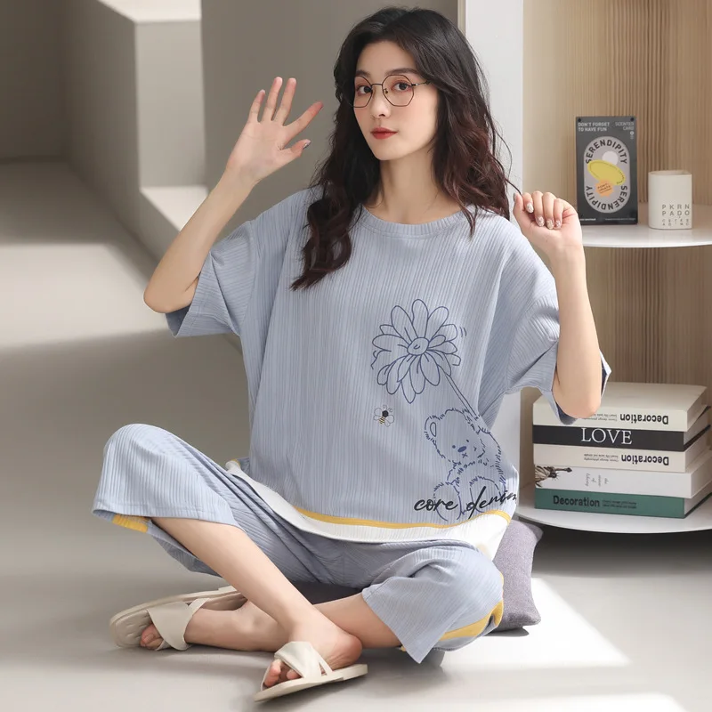 New pajamas women cotton thin section short-sleeve cropped pants large size loose girls can wear round neck home clothes