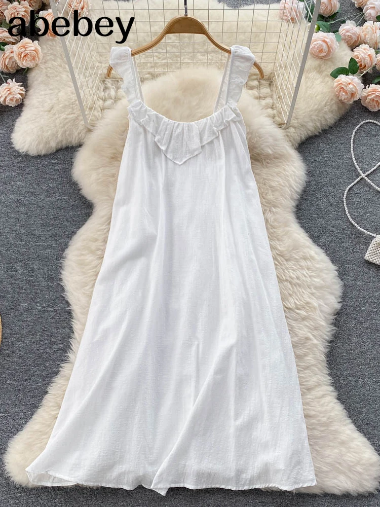 

Женское винтажное платье на бретельках, белое элегантное дизайнерское платье миди с открытой спиной и высокой талией, повседневное сказочн...