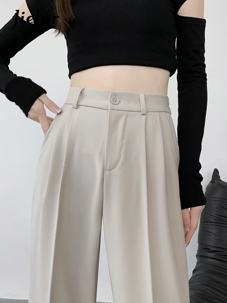

Jielur Korean New Zipper Apricot Wide Leg Pants Women Solid Color Black Suit Trousers Female Autumn High Waist Straight Pants