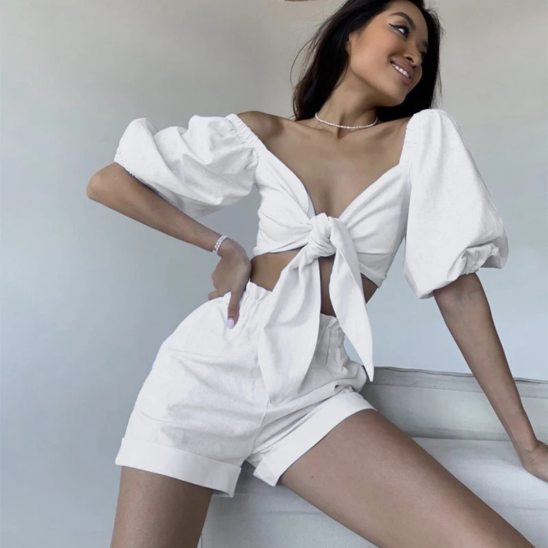 

Lantern Sleeve Cardigan Wide Leg Pocket Shorts Casual Suit Solid Color Top Short Two Piece Set For Women Ladies Summer Eyouth