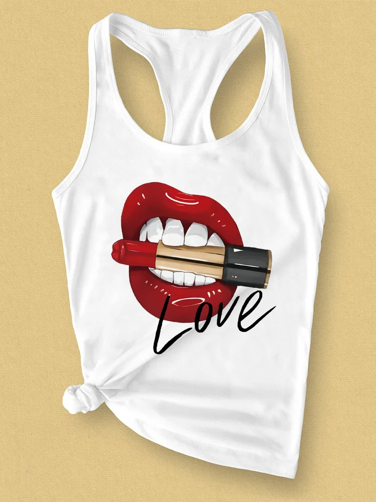 

Женские топы, сексуальные топы в стиле Харадзюку С поцелующимися губами, свободные летние модные смешные футболки без рукавов с леопардовы...