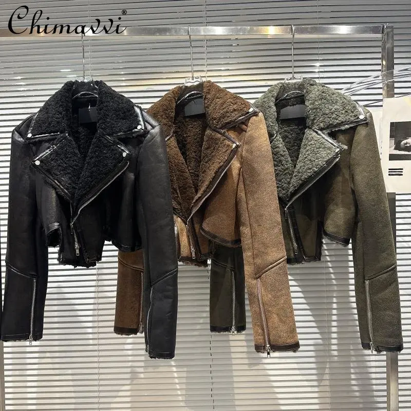 New 2022 Winter Clothes Personalized Motorcycle Lapel Matte Fur Leather Jacket Loose Street Clothing Long Sleeve Leather Coat