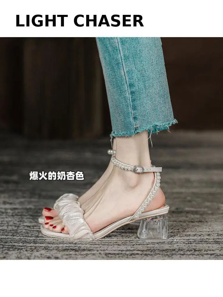 Sandals Women's Summer Thick Heel Transparent Heel All-match Women's High Heels Sexy Pleated Women's Sandals Dress Party Shoes