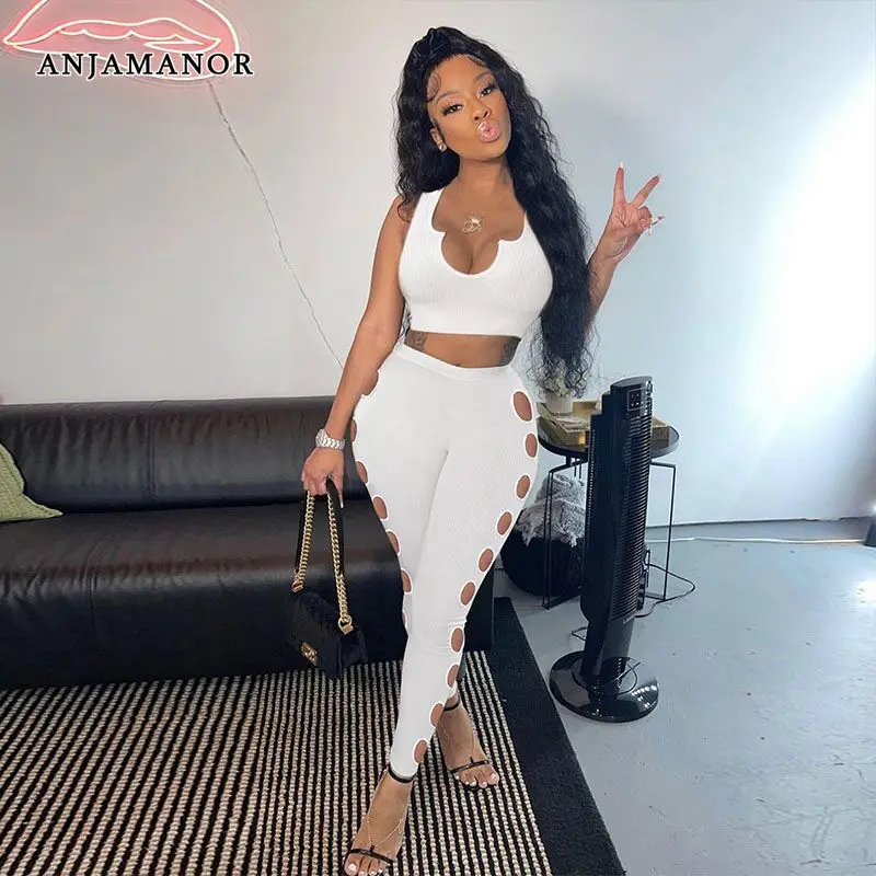 

ANJAMANOR White Rib Side Cut Out Leggings Sets Sexy Sporty Tracksuit Women Fashion 2 Piece Set Crop Top and Pants Sets D26-CH36