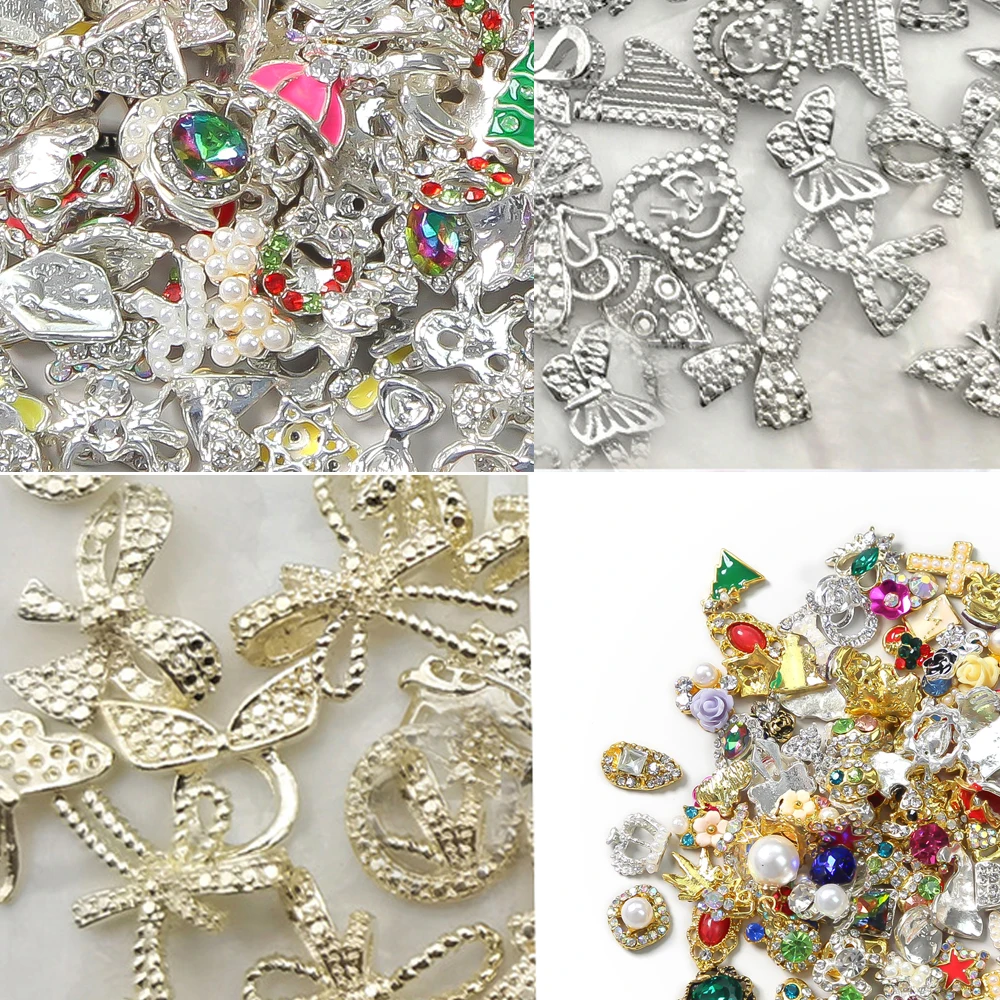 50PCS New Wholesale Bowknot/Heart/Flower mix Alloy Nail Rhinestone Mixed Metal Jewelry Manicure DIY Nail Art Decorations Random