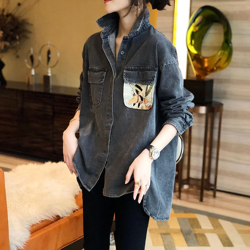 

Denim Jacket Korean Print Pocket Patchwork Loose Chaquetas Mujer Coat Long Sleeve Outerwear Jacket Women Veste Femme J210