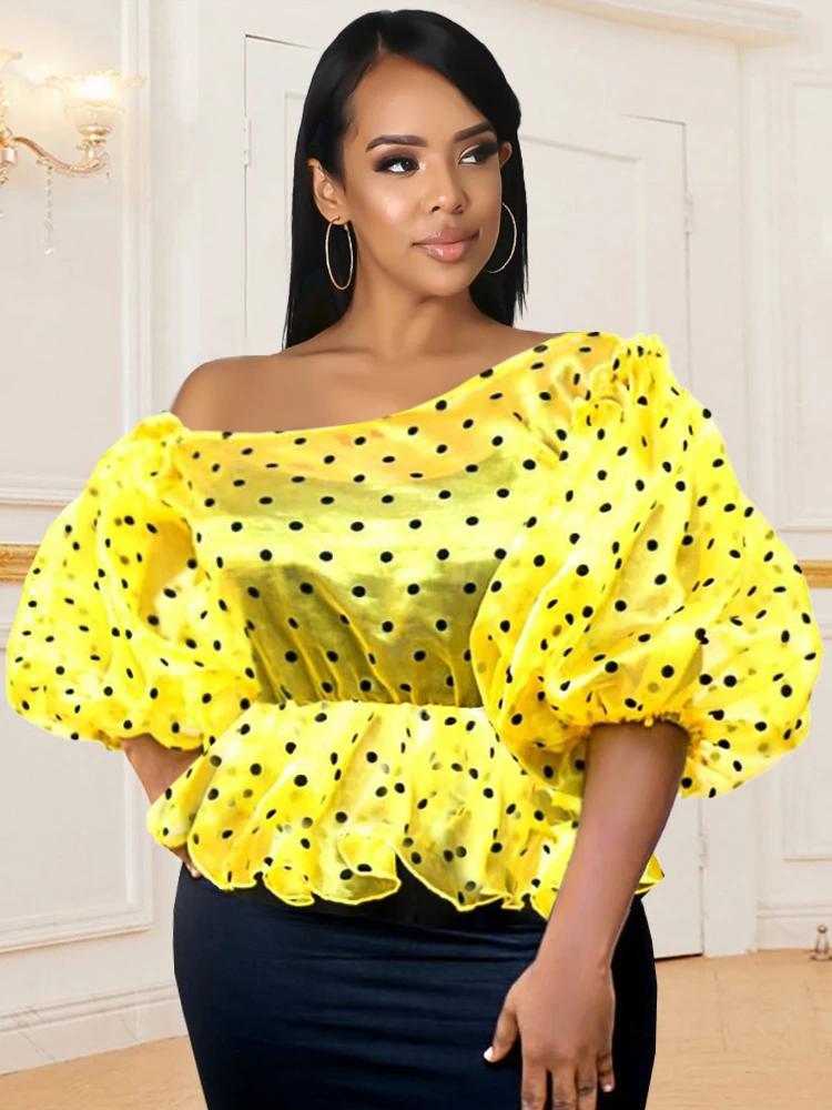 

Sweet Women Summer Polka Dot Blouses Ruffles Puff Sleeve Bare Shoulder Peplum See Through Yellow Shirt Tops Party Vacation Bluas