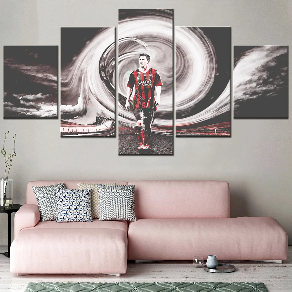 

Canvas Wall Art Pictures Living Room Home Decor 5 Pieces Famous Football Superstar Lionel Paintings HD Prints Poster Framework