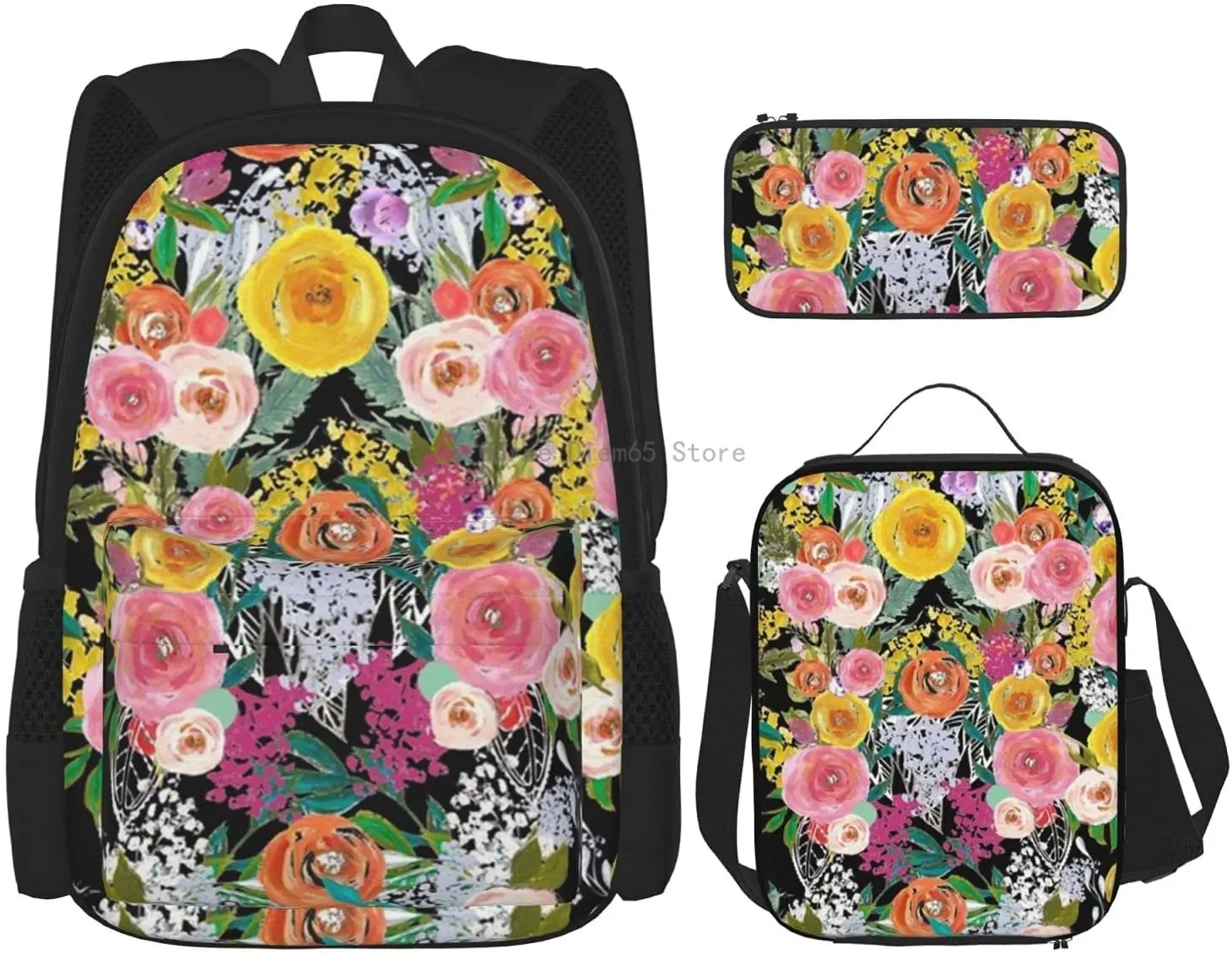 Комплект из 3-х предметов с цветочным принтом, черный рюкзак для подростков, сумка на плечо для мальчиков и девочек, Набор чехлов-карандашей ...