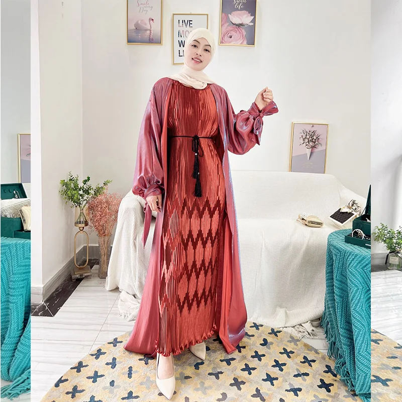 Muslim Dress Women Bubble Sleeve Cardigan 2022 Summer Colorful Elegant Long Drerss Oppen Abaya Jalabiya for Women
