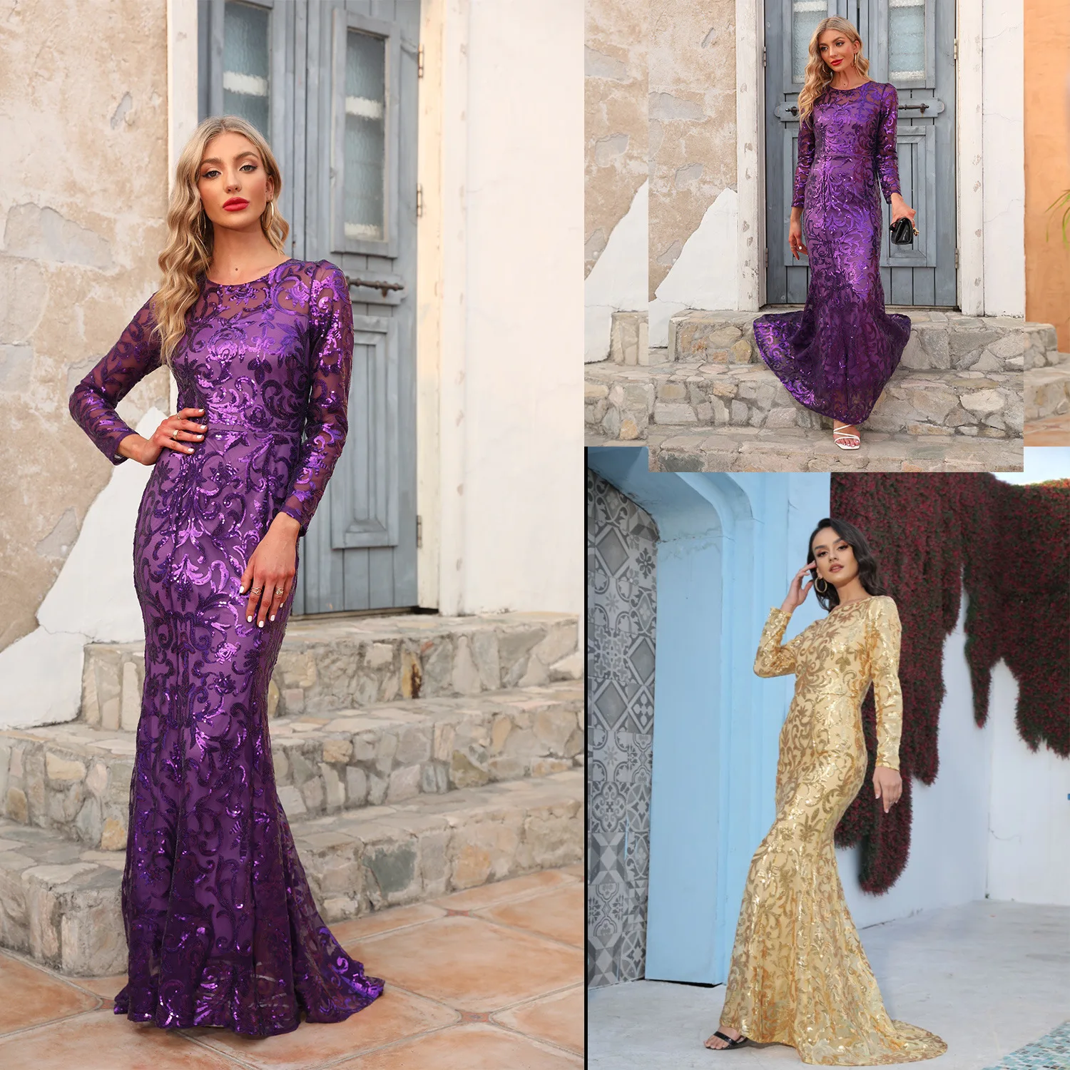 Purple Crew-Neck Temperament Long Evening Dress Hot Sale Long Sleeve Dress