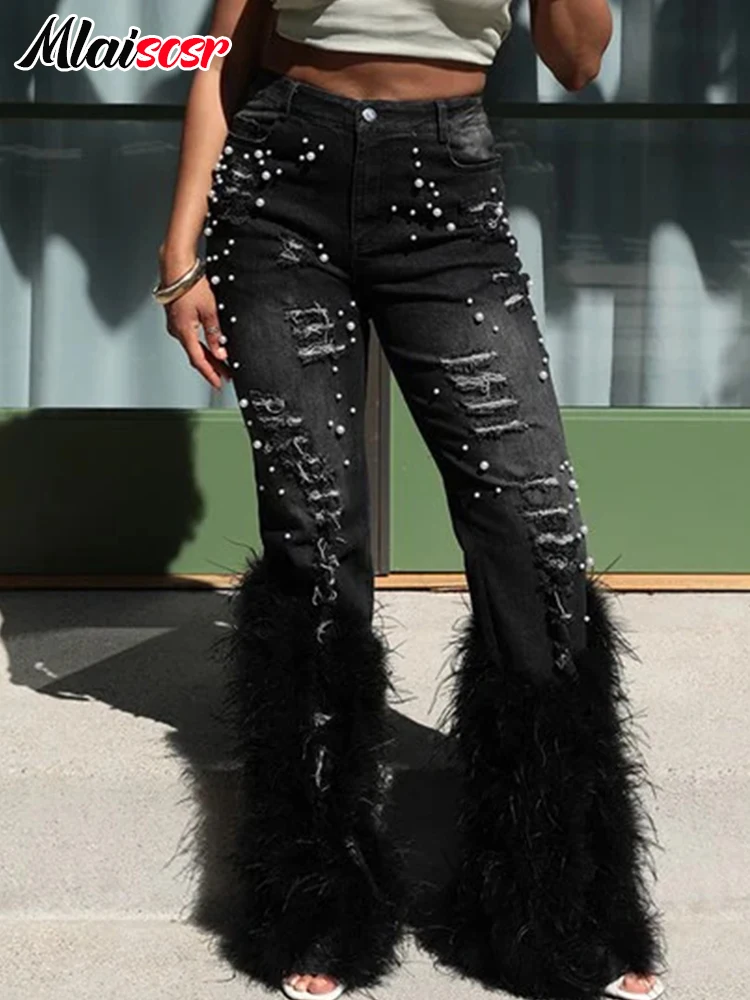 Джинсы Mlaiscsr женские с перьями и жемчугом шикарные брюки из денима стрейч со