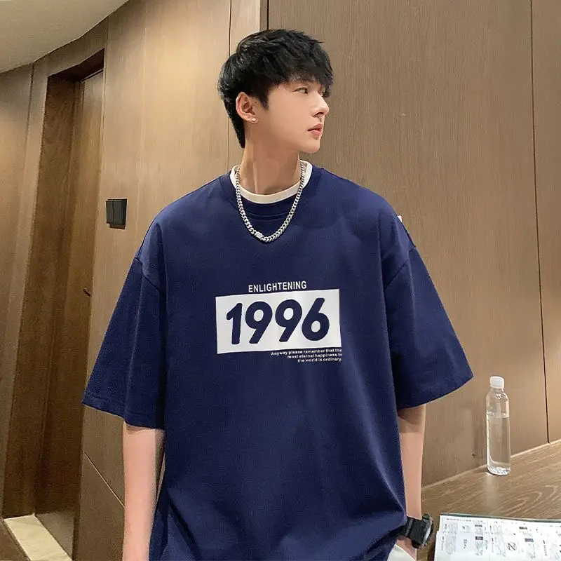 

Футболка мужская с коротким рукавом, хлопок, круглый вырез, Свободный Повседневный Топ с рукавом до локтя, для студентов, для пар, на лето