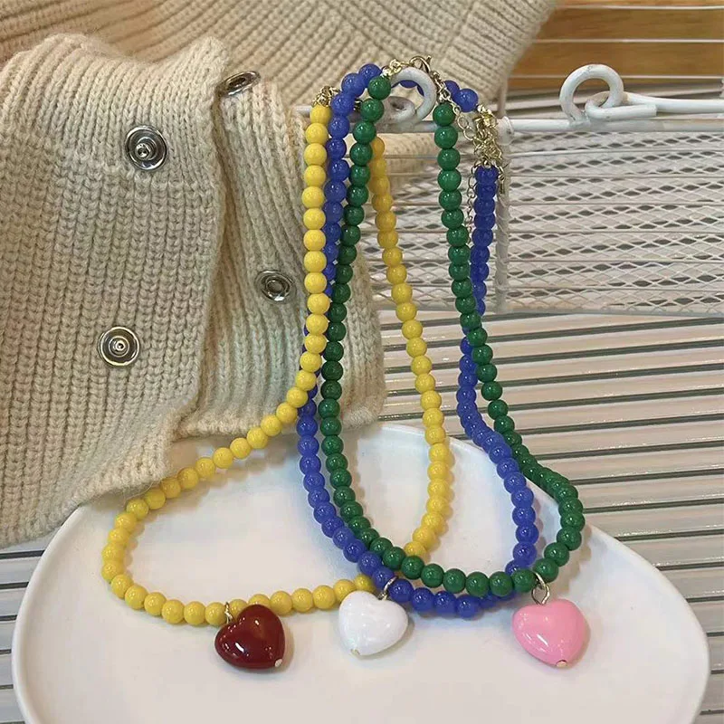

New Beaded Necklace Cute Girl Style Pink Heart Pendant Necklace All-match Sweater Chain Sweet Cool Necklaces
