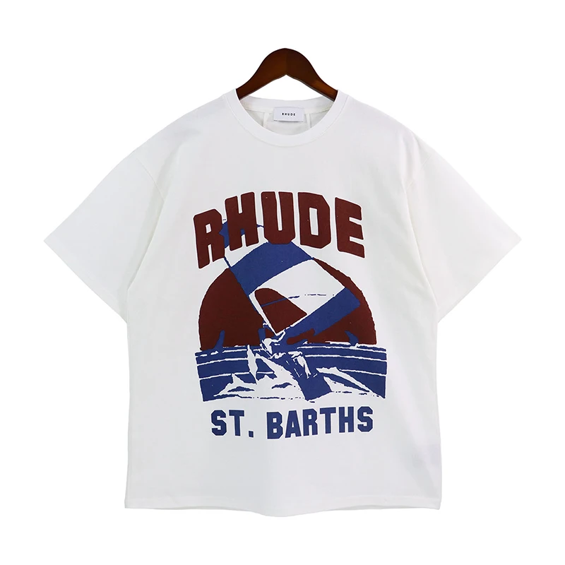 

23ss New Sunset Sea Sail Letter Printing Logo RHUDE T-shirt Men Women 1:1 Casual Fashion Short Sleeve Rhude White Top Tee