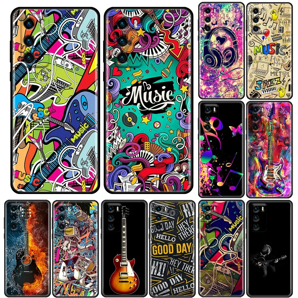 

Music Rock P30Lite Silicone Case For Huawei P20 P30 P40 P10 Lite P50 Pro P Smart 2019 Cases Soft Cover Guitar Microphone Violin