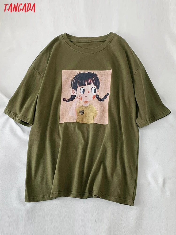 

Tangada 2022 Women Cartoon Oversized Cotton T Shirt Short Sleeve O Neck Tees Ladies Top XLJ18
