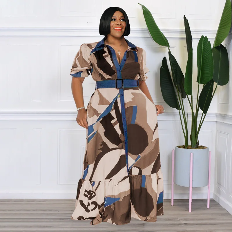 Plus Size Women's Dress Autumn/Winter 2022 New Color Print with Belt Loose Casual Dress Temperament Commuter Plus Size Feminino