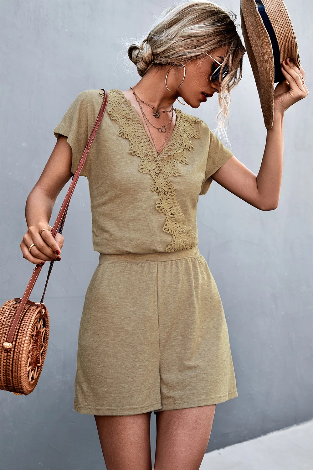 Jumpsuit Casual Lace Stitching Cross V Neck High Quality Summer Work Overalls Ladies Short Wide Leg Jumpsuit Women's Clothes