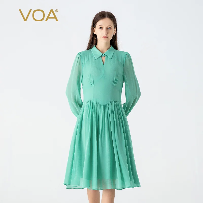

VOA 100% Pure Mulberry Silk Georgette Navy Lapel Flare Sleeve Dresses Women Office Ladies Elegant Double Layer Silk Dress AE1902
